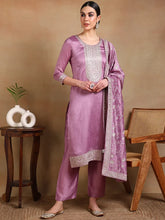Women Lavender Silk Blend Embroidered Straight Kurta Pant Set With Dupatta-PKSKD1898D